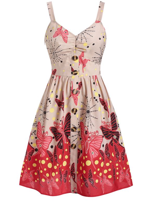 Buttoned Butterfly Print Polka Dot Fit and Flare Dress - APRICOT M