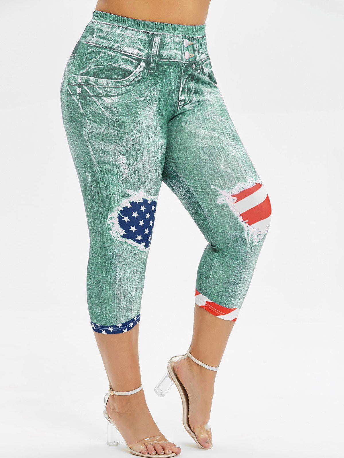 [23 OFF] 2021 American Flag 3D Printed Skinny Capri Plus Size Jeggings