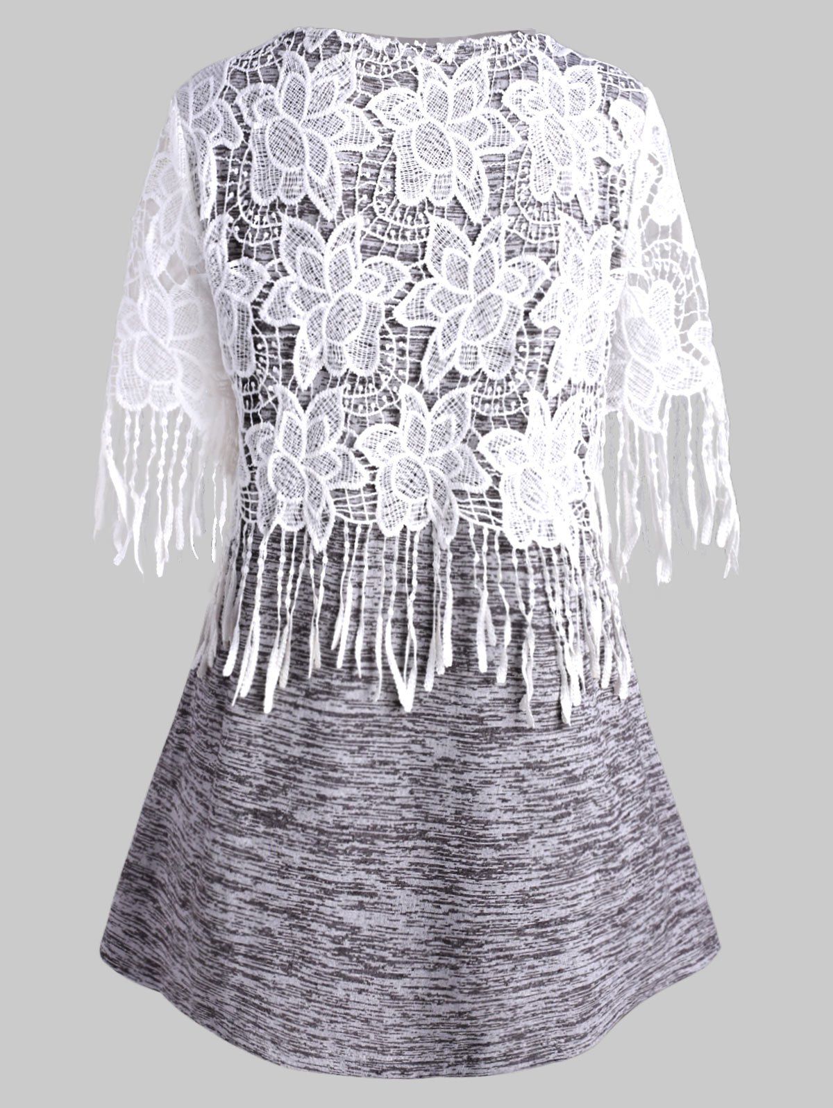 Plus Size Space Dye Applique Panel Fringed Tee - LIGHT GRAY 3X