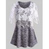 Plus Size Space Dye Applique Panel Fringed Tee - LIGHT GRAY 3X