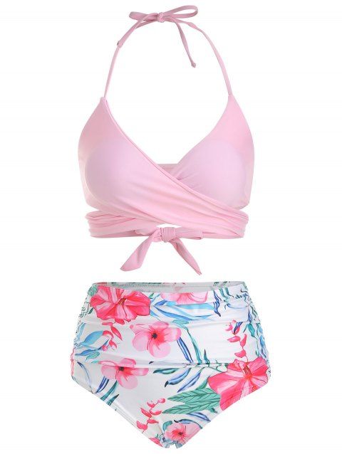 Ensemble de Maillot de Bain Bikini à Imprimé Fleuri à Col Halter et de Short de Vacance en Deux Pièces