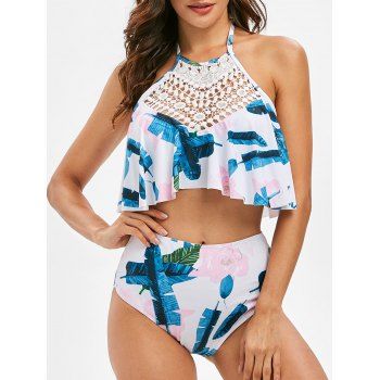 

Crochet Panel Leaf High Neck Bikini Set, Multicolor
