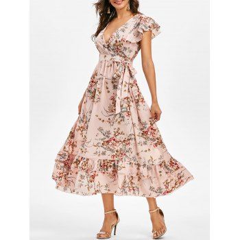 

Flounce Floral Print Surplice Midi Dress, Pink