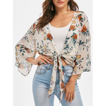 

Floral Tie Hem Drop Shoulder Blouse, Multicolor