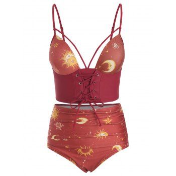 

Lace Up Sun and Moon Padded Tankini Swimsuit, Red wine