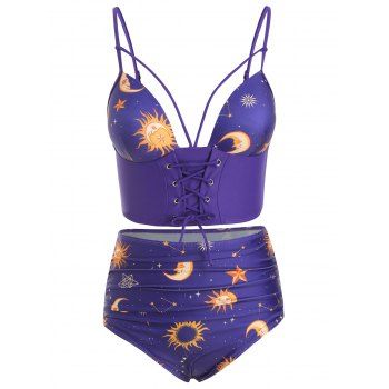 

Lace Up Sun and Moon Padded Tankini Swimsuit, Purple