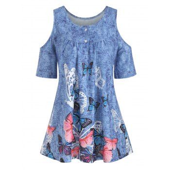 

Butterfly Denim Print Cold Shoulder Longline T-shirt, Cornflower blue