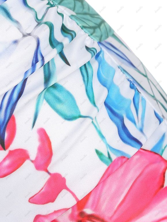 Ensemble de Maillot de Bain Bikini à Imprimé Fleuri à Col Halter et de Short de Vacance en Deux Pièces - Rose L