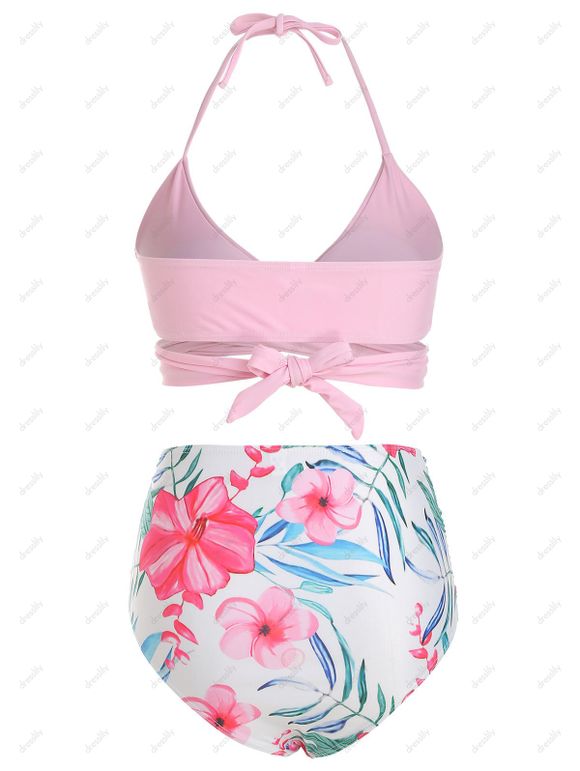 Ensemble de Maillot de Bain Bikini à Imprimé Fleuri à Col Halter et de Short de Vacance en Deux Pièces - Rose L