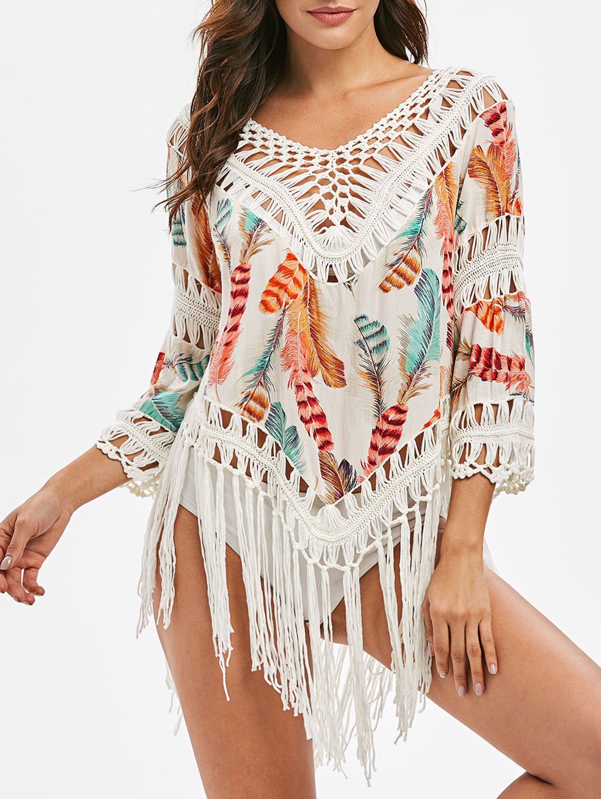 Fringed Crochet Panel Feather Print Cover-up - multicolor ONE SIZE