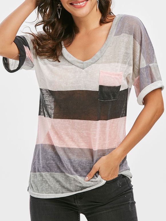 T-shirt Rayé avec Poche en Avant à Revers - multicolor B XL