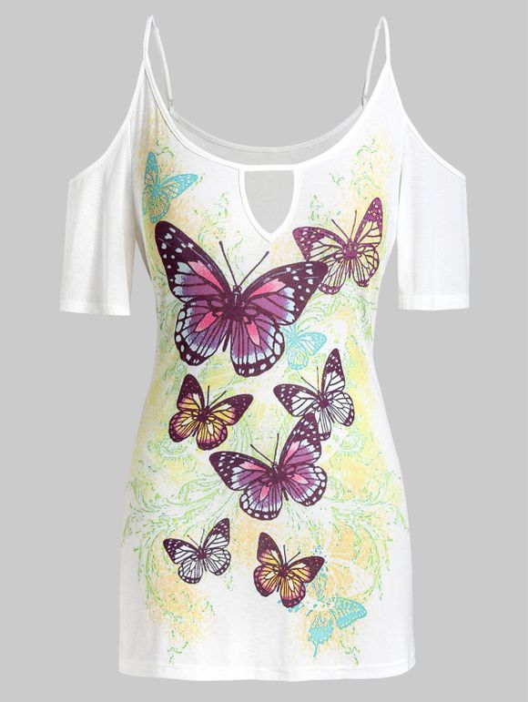 T-shirt Epaule Dénudée Papillon Imprimé de Grande Taille avec Trou de Serrure - Blanc 5X