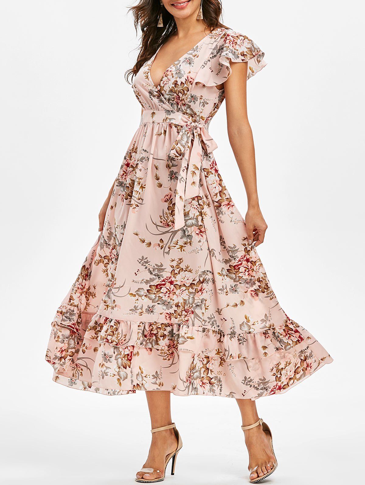 [37% OFF] 2021 Flounce Floral Print Surplice Midi Dress In PINK | DressLily