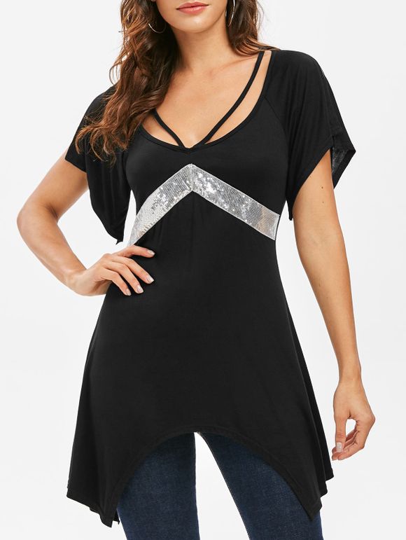Slit Sleeves Sequined Asymmetrical T-shirt - BLACK S