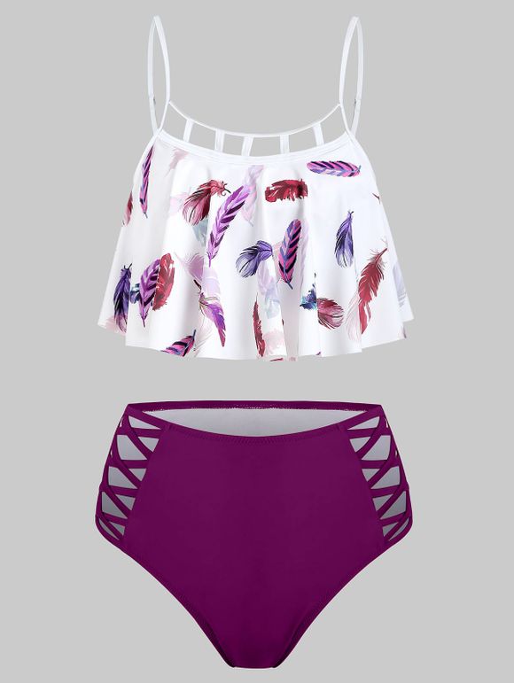Tummy Control Tankini Swimsuit Cut Out Feather Print Flounce Lattice Beach Swimwear - multicolor B L