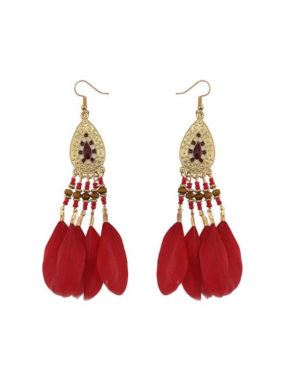 Boucles d'Oreilles Perle Plume Pendant à Frange Style Bohémien - Rouge 