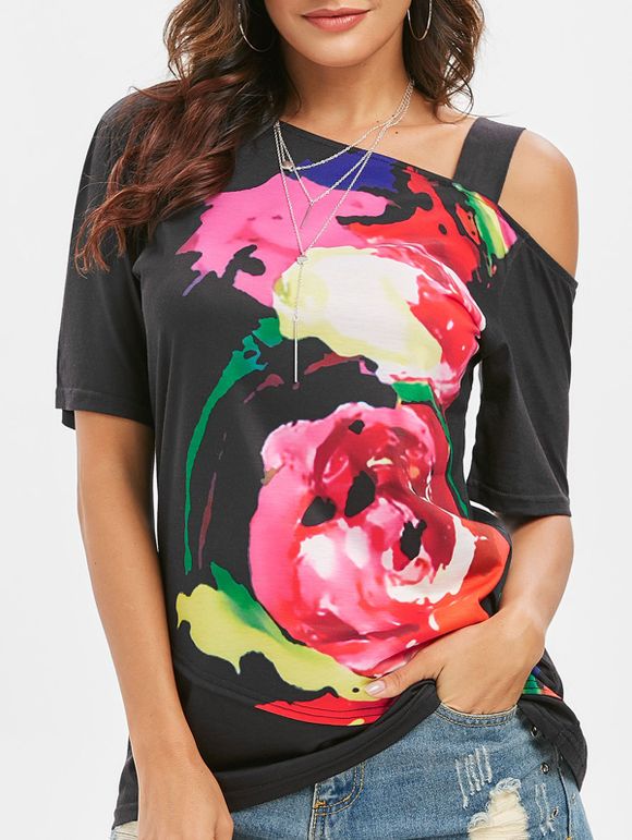 T-shirt Fleur Imprimée à Epaule Dénudée à Col Oblique - Noir 3XL