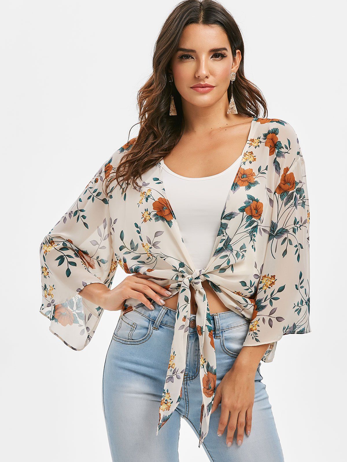 Floral Tie Hem Drop Shoulder Blouse - multicolor 3XL