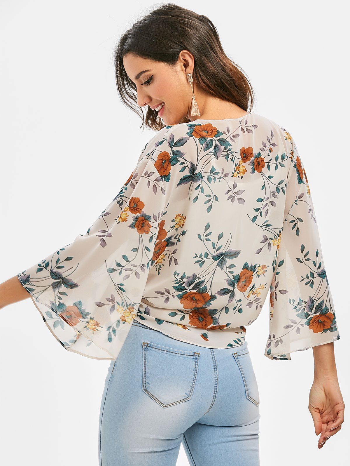Floral Tie Hem Drop Shoulder Blouse - multicolor 3XL