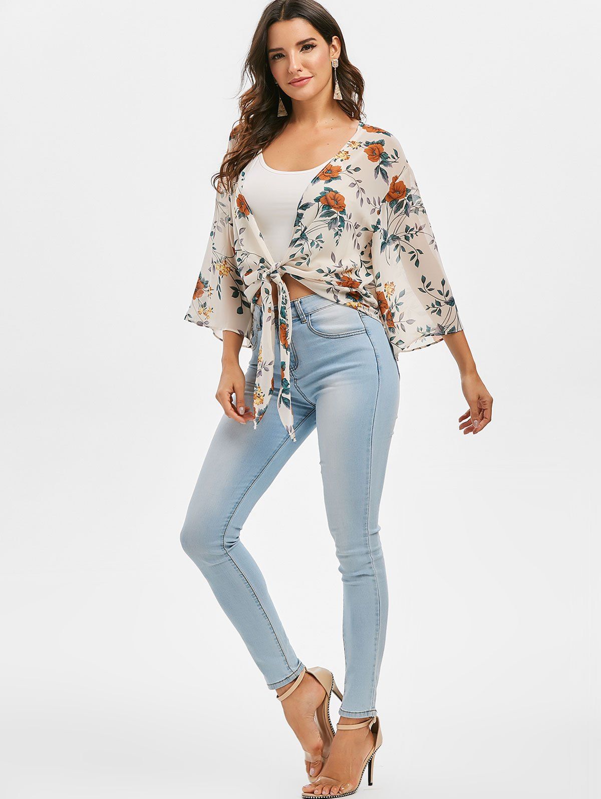 Floral Tie Hem Drop Shoulder Blouse - multicolor 3XL