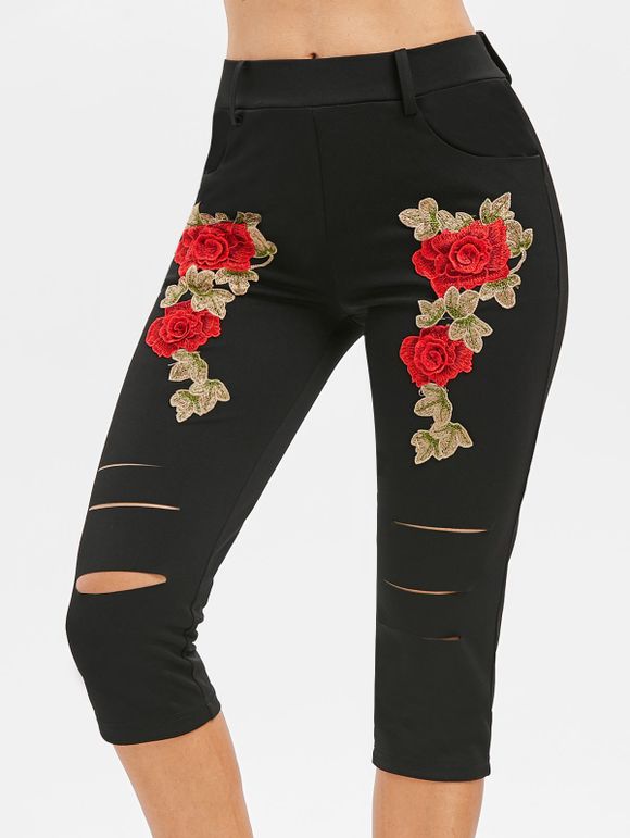 Pantalon Court Déchiré Applique Fleur avec Poche - Noir XL