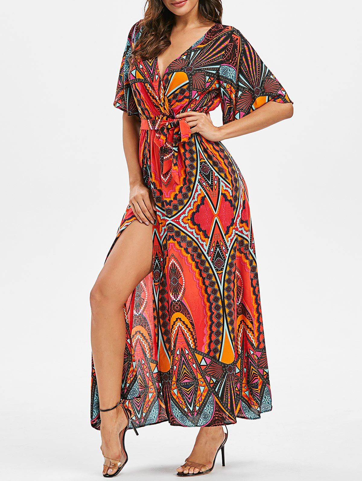 

Plunging Belted Slit Maxi Dress, Multi
