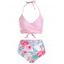 Ensemble de Maillot de Bain Bikini à Imprimé Fleuri à Col Halter et de Short de Vacance en Deux Pièces - Rose M