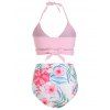 Tummy Control Bikini Swimsuit Tropical Floral Print Swimwear Halter Wrap Vacation Bathing Suit - PINK 3XL