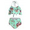 Flower Printed Halter Ruched Bikini Swimsuit - AQUAMARINE 2XL