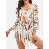 Fringed Crochet Panel Feather Print Cover-up - multicolor ONE SIZE