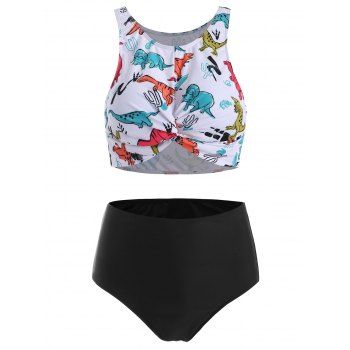 

Cartoon Dinosaur Print Swimwear Twist Cutout High Waist Tankini Swimsuit, Multicolor