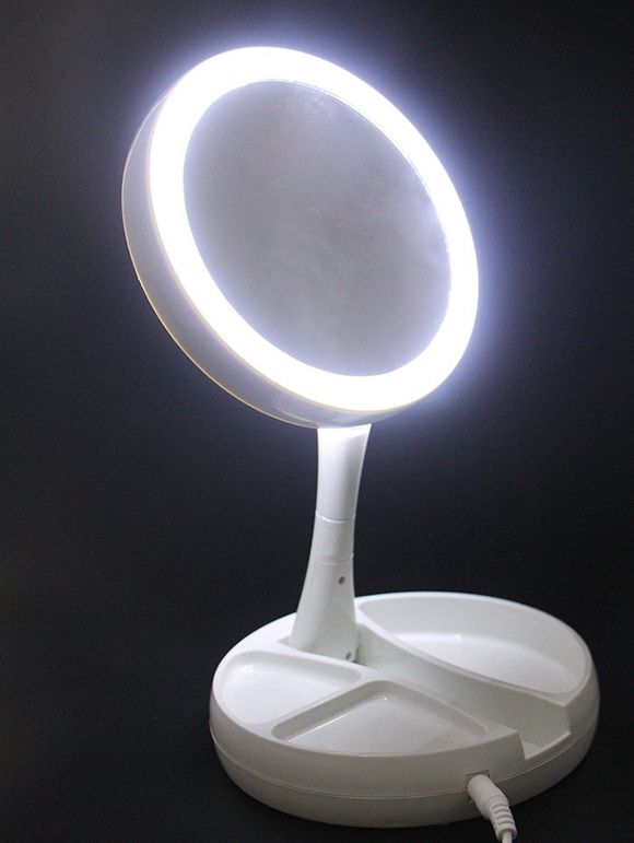 Miroir de maquillage pliable rond à LED - Blanc 