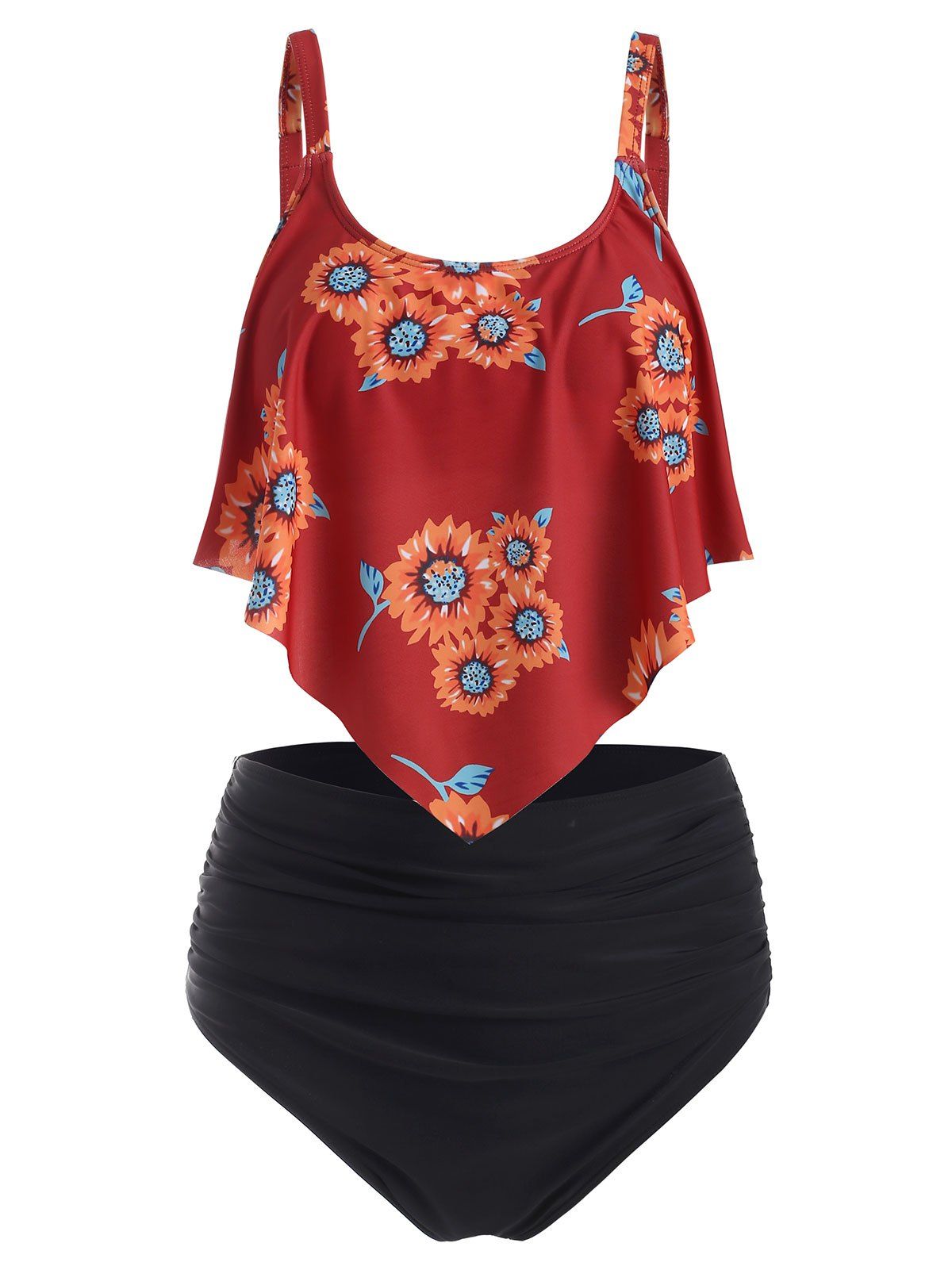 [29% OFF] 2021 Flounce Ruched Sunflower Tankini Swimsuit In RED | DressLily