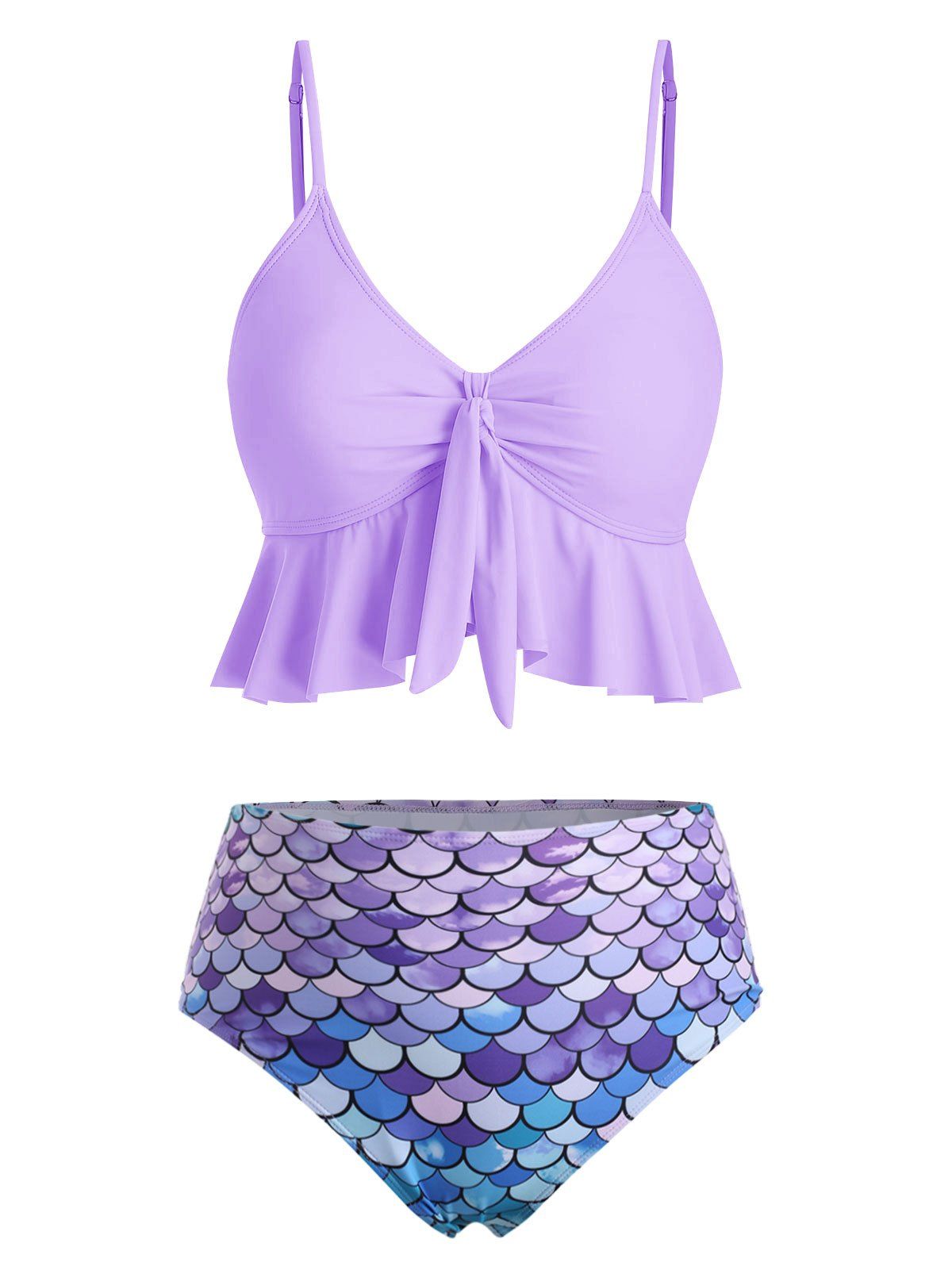 Flounce Knot Scale Print Mermaid Tankini Swimsuit - MAUVE L
