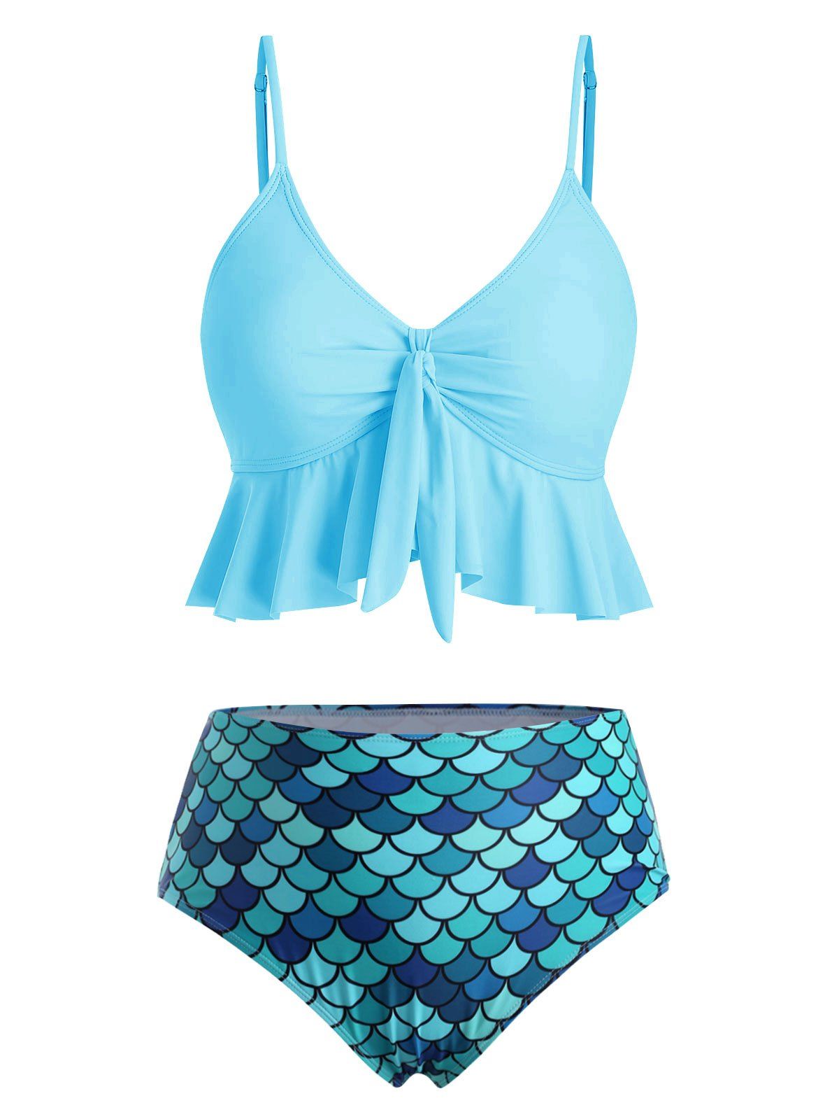 Beach Tankini Swimsuit Mermaid Scale Print Swimwear Flounce Knot High Waist Tummy Control Bathing Suit - BLUE ZIRCON XL