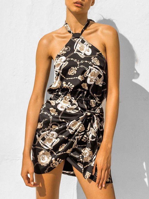 Mini-robe nouée dos nu avec chaînes et imprimé - Noir S