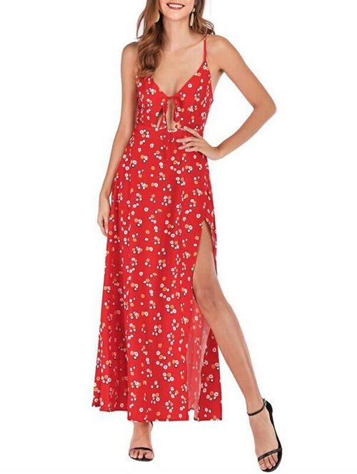 Longue robe de plage à bretelles spaghetti florales - Rouge L