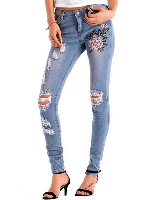Jeans à braguette zippée à fleurs déchirées - Bleu Toile de Jean XL