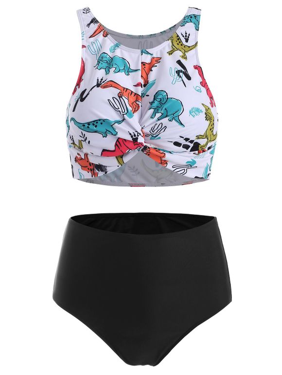 Cartoon Dinosaur Print Swimwear Twist Cutout High Waist Tankini Swimsuit - multicolor M