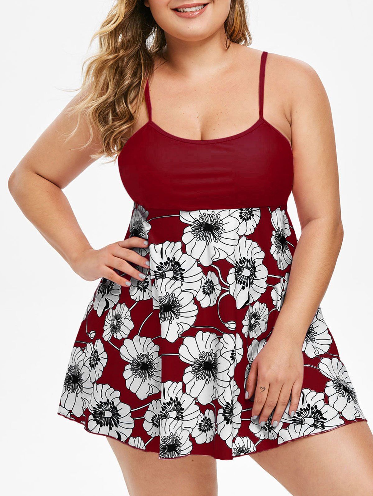 

Floral Contrast Plus Size Tankini Set, Red wine
