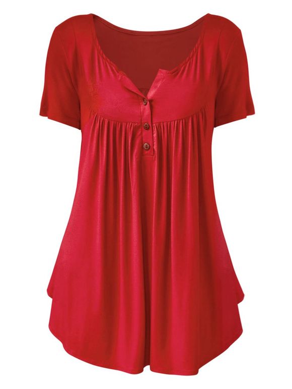 T-shirt Demi-Boutonné Plissé en Couleur Unie de Grande Taille - Rouge 1X