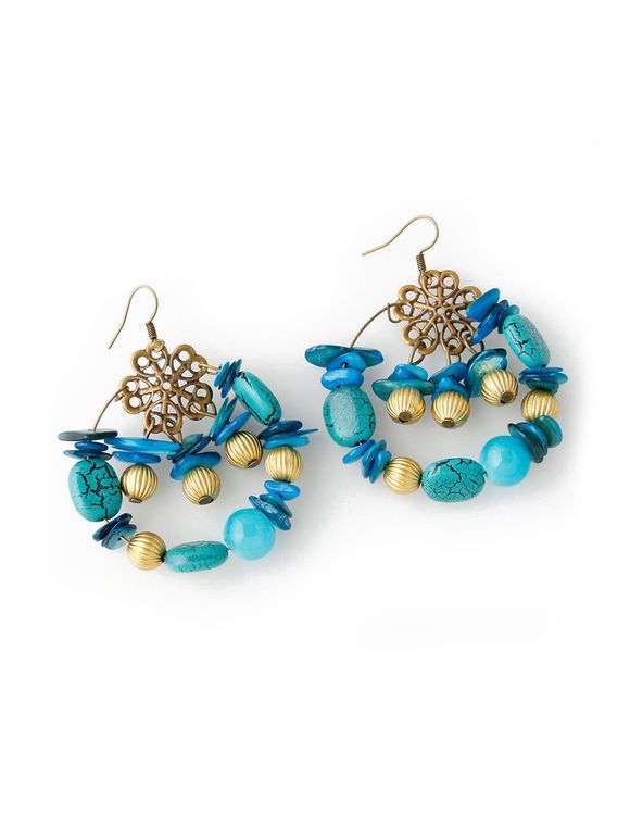 Boucles d'Oreilles Perlées Evidées en Turquoise Style Bohémien - Bleu Zircon 