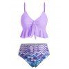 Beach Tankini Swimsuit Mermaid Scale Print Swimwear Flounce Knot High Waist Tummy Control Bathing Suit - PINK 3XL