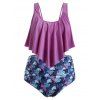 Maillot de Bain Tankini Feuille Fleuri à Taille Haute de Grande Taille à Volants - Pourpre Héliotrope 4X