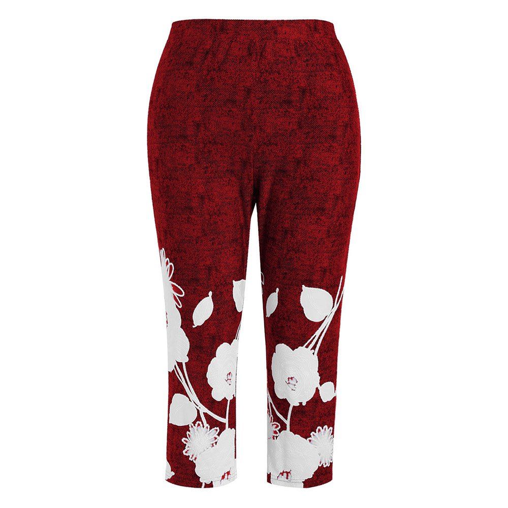 

Plus Size High Waist Printed Capri Leggings, Red wine