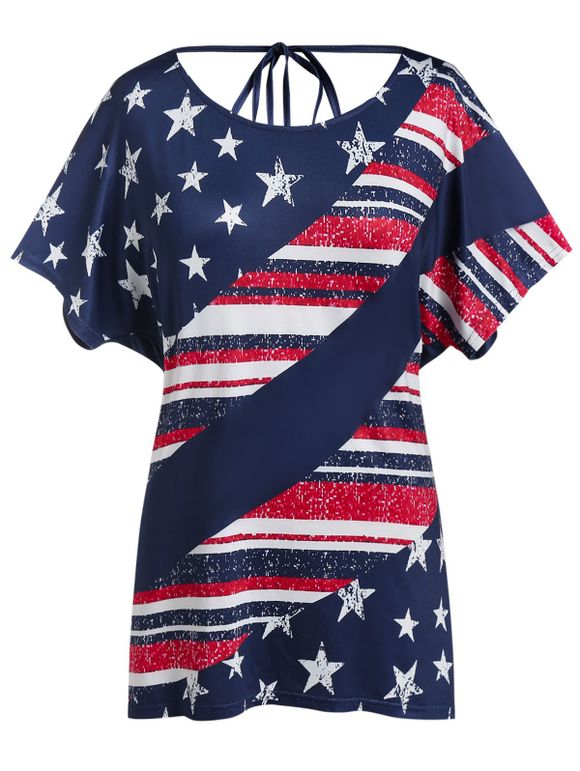 Plus Size American Flag Backless Draped Casual Tee - multicolor 1X