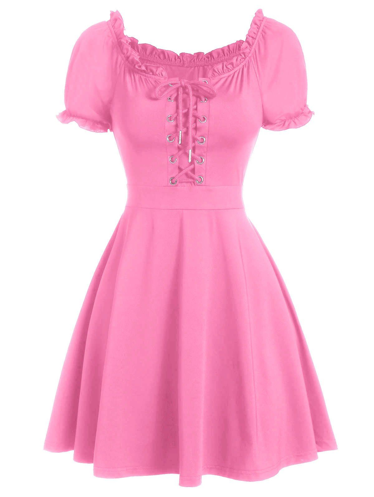 Ruffle Lace-up Mini Milkmaid Dress - PINK M