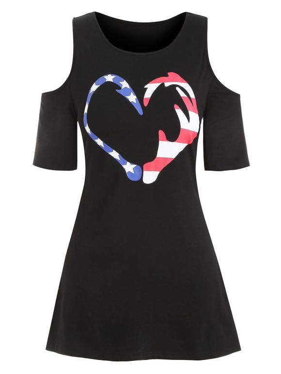 T-shirt Drapeau Américain Long Cœur à Epaule Ouverte de Grande Taille - Noir 5X