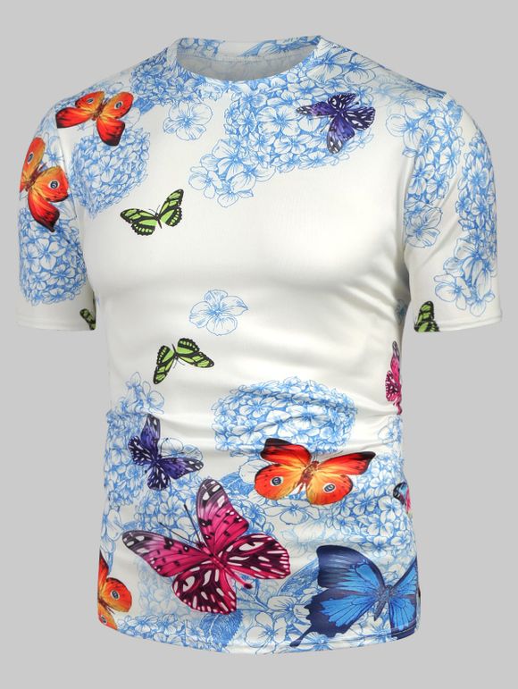 T-shirt Fleuri Papillon Imprimé à Manches Courtes - Blanc XL