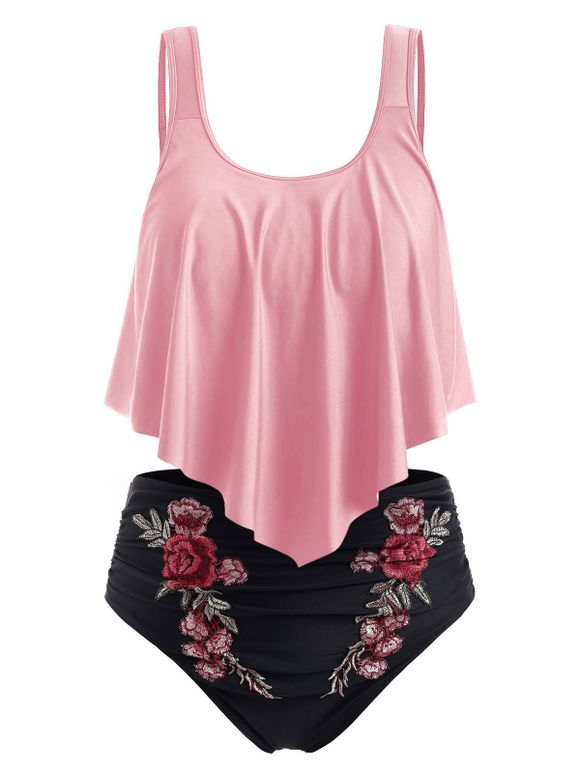 Maillot de Bain Bikini Brodé Superposé de Grande Taille - Rose 1X